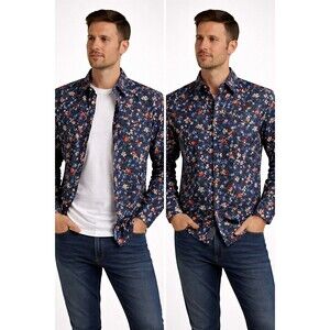 Kurt River Men's Floral Button-Up Shirt Long Sleeve Classic Fit Cotton Size M